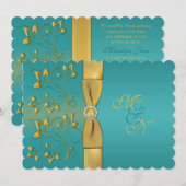 GEDRUKTE RIBBON Blauwgroen, Gold Floral Monogram I Kaart (Voorkant / Achterkant)