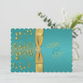 GEDRUKTE RIBBON Blauwgroen, Gold Floral Monogram I Kaart (Staand voorkant)