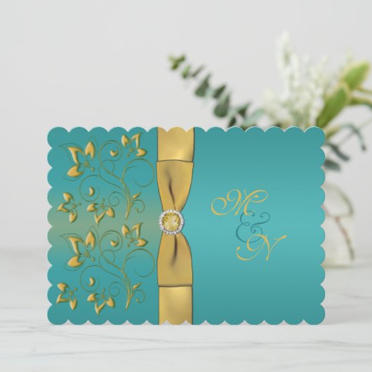 GEDRUKTE RIBBON Blauwgroen, Gold Floral Monogram I Kaart (Staand voorkant)