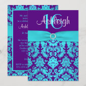 GEDRUKTE RIBBON Paars, Aqua 16th Birthday Invite 2 Kaart (Voorkant / Achterkant)