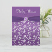 GEDRUKTE RIBBON Paars Silver Floral Invite Kaart (Staand voorkant)