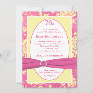 GEDRUKTE RIBBON Pink Yellow 70th Birthday Invite Kaart