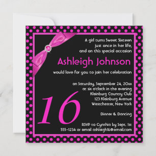 GEDRUKTE RIBBON Polka Dot Sweet 16 Birthday Invite Kaart
