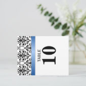 Gedrukte Royal Blue Ribbon Damask Tafelnummer Kaar (Staand voorkant)