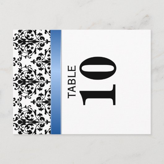 Gedrukte Royal Blue Ribbon Damask Tafelnummer Kaar (Voorkant)