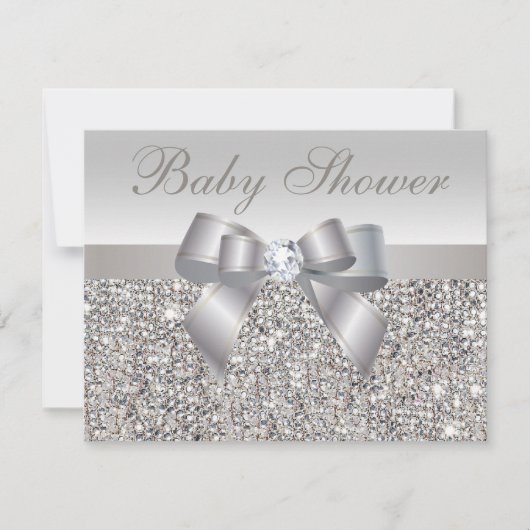 Gedrukte Silver Sequins, Bow & Diamond Baby shower Kaart (Voorkant)
