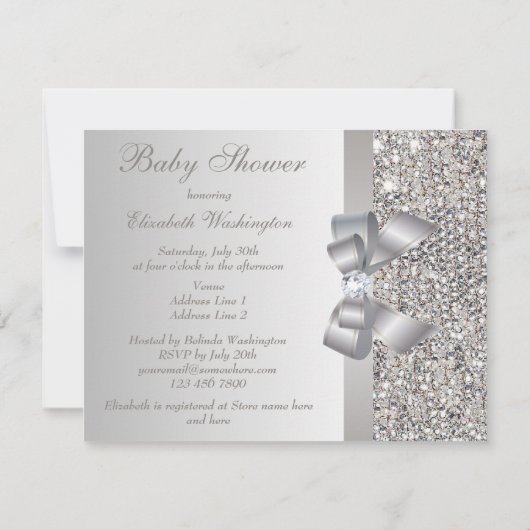 Gedrukte Silver Sequins, Bow & Diamond Baby shower Kaart (Achterkant)