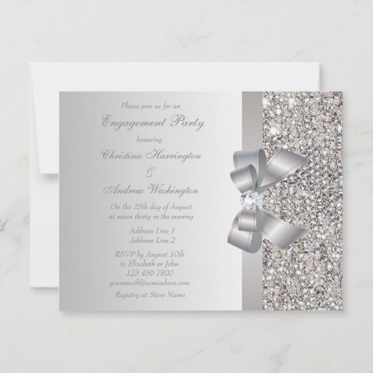Gedrukte Silver Sequins, Bow & Diamond Verloving Kaart (Achterkant)
