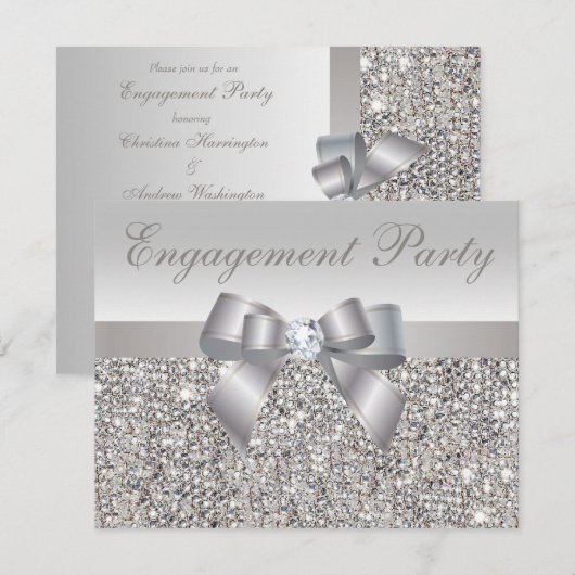 Gedrukte Silver Sequins, Bow & Diamond Verloving Kaart (Voorkant / Achterkant)