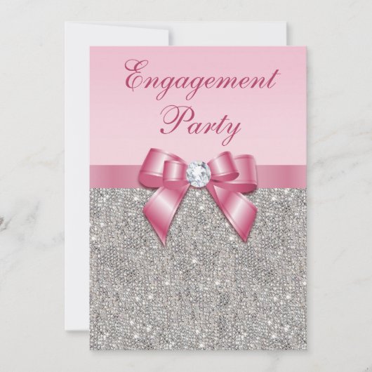 Gedrukte Silver Sequins roze Bow Engagement Party Kaart (Voorkant)