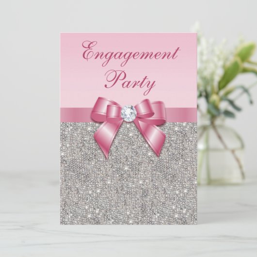 Gedrukte Silver Sequins roze Bow Engagement Party Kaart (Staand voorkant)