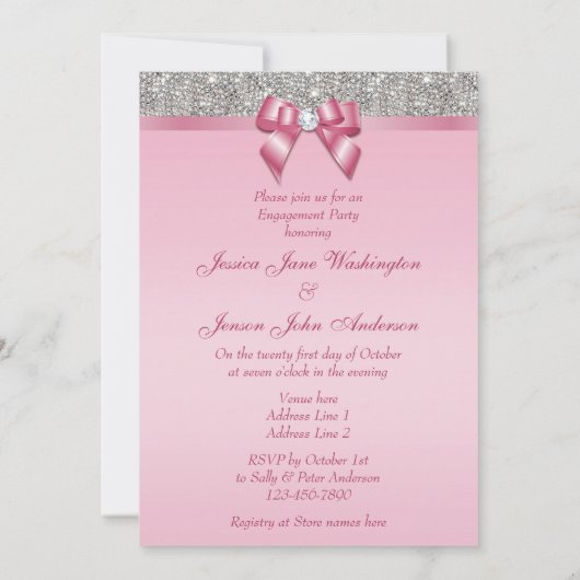 Gedrukte Silver Sequins roze Bow Engagement Party Kaart (Achterkant)