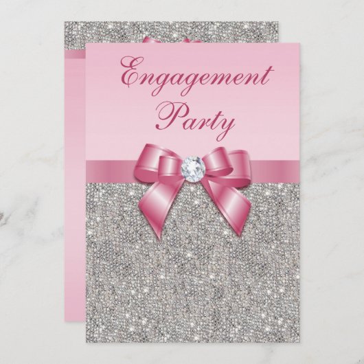 Gedrukte Silver Sequins roze Bow Engagement Party Kaart (Voorkant / Achterkant)