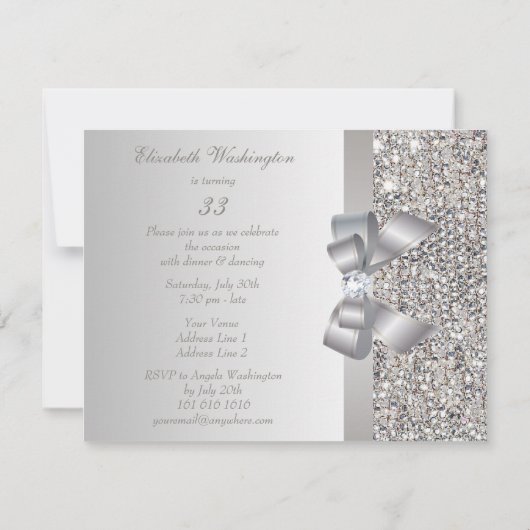 Gedrukte zilversequins, Boog & Diamond Birthday Kaart (Achterkant)