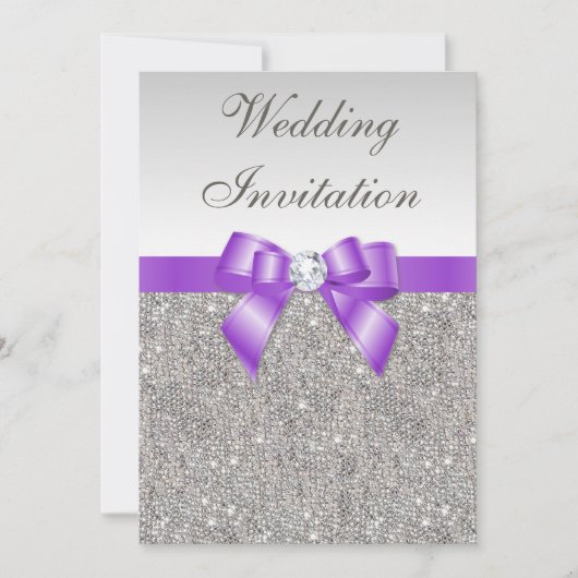 Gedrukte zilversequins en lavendel Bow Wedding Kaart (Voorkant)