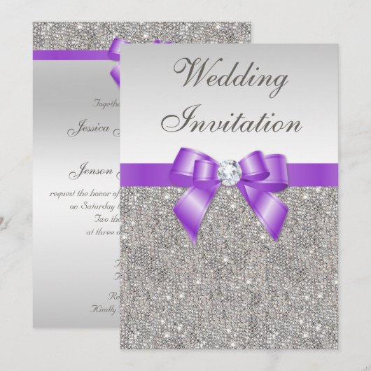 Gedrukte zilversequins en lavendel Bow Wedding Kaart (Voorkant / Achterkant)