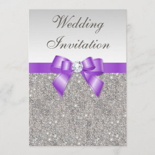 Gedrukte zilversequins en lavendel Bow Wedding Kaart