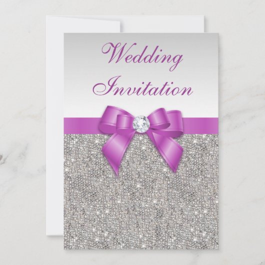 Gedrukte zilversequins Radiant Orchid Bow Wedding Kaart (Voorkant)