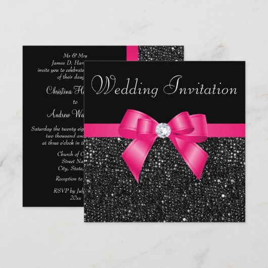 Gedrukte Zwarte Sequins en Hot Pink Bow Bruiloft Kaart (Voorkant / Achterkant)