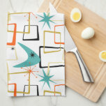 Gedurfde atoomsterren Boomerang Pleinen Midden Eeu Theedoek<br><div class="desc">Voeg een pop kleur toe aan je keuken met deze funky retro keukenhanddoek. Het heeft abstracte vierkanten,  sterrenbeelden en een boemerang in de kleuren turquoise blauw,  goudgeel,  sinaasappel,  crème en zwart. Dit zal uw keukeninrichting opfleuren!</div>