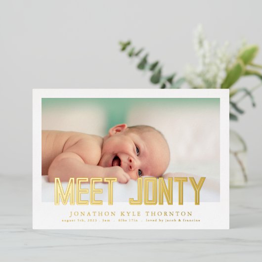 Gedurfde Folie | Foto Collage baby geboorte aankon Folie Uitnodiging (Staand Voorkant)