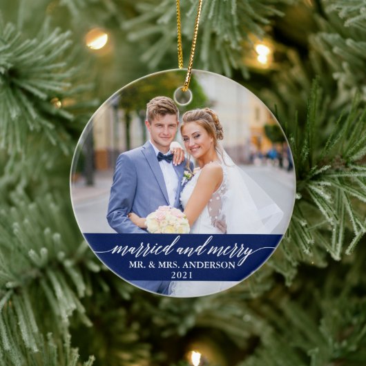 Gedwongen en Merry Calligraphy Wedding Blue Keramisch Ornament (Boom)