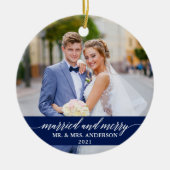 Gedwongen en Merry Calligraphy Wedding Blue Keramisch Ornament (Voorkant)