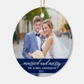 Gedwongen en Merry Calligraphy Wedding Blue Keramisch Ornament (Links)