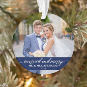 Gedwongen en Merry Calligraphy Wedding Blue Ornament