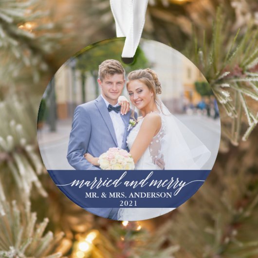 Gedwongen en Merry Calligraphy Wedding Blue Ornament (Boom)