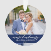 Gedwongen en Merry Calligraphy Wedding Blue Ornament (voorkant)