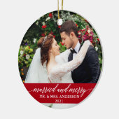 Gedwongen en Merry Calligraphy Wedding Red Keramisch Ornament (Links)