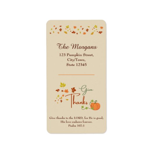 Geef Bedankt aan de Heer | Psalm 107:1 Bijbelvers Etiket (Voorkant)