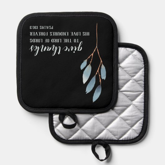 Geef Bedankt Bijbelvers Blauw Originele Waterverf Pannenlap (Voorkant / Achterkant)