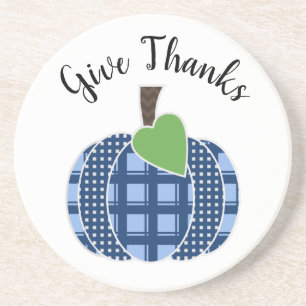 Geef Bedankt Blue en White Gingham Pset Pumpkin Zandsteen Onderzetter