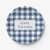 Geef Bedankt Blue White Gingham Plaid Thanksgiving Papieren Bordje (Voorkant)