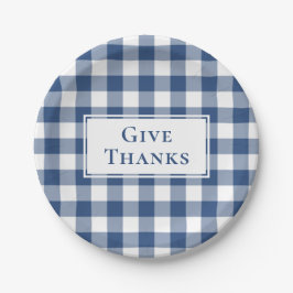 Geef Bedankt Blue White Gingham Plaid Thanksgiving Papieren Bordje