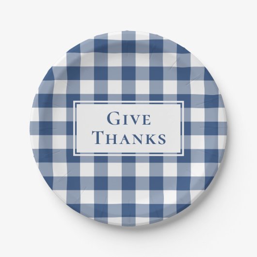 Geef Bedankt Blue White Gingham Plaid Thanksgiving Papieren Bordje (Voorkant)