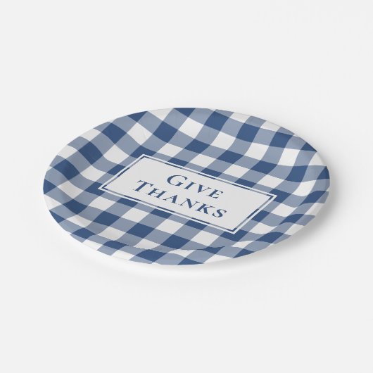 Geef Bedankt Blue White Gingham Plaid Thanksgiving Papieren Bordje (Gekanteld)