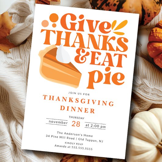 Geef Bedankt Eat Pie Thanksgiving Diner Uitnodigin Kaart
