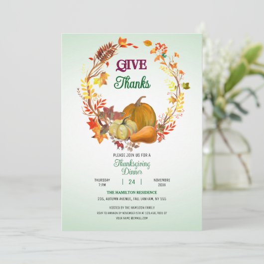 Geef Bedankt Fall Bladeren Krans Thanksgiving Dine Kaart (Staand voorkant)