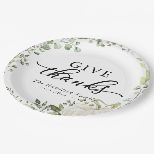 Geef Bedankt Greenery Pumpkin Thanksgiving Dinner Papieren Bordje (Gekanteld)