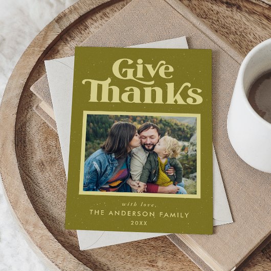 Geef Bedankt Groene Retro Thanksgiving Foto Feestdagenkaart