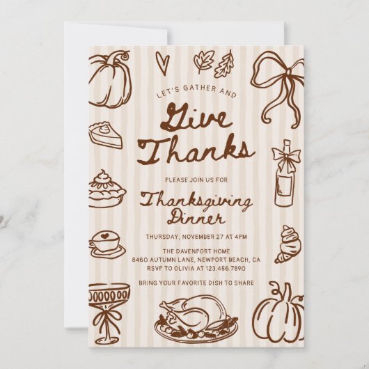 Geef Bedankt Hand Drawn Doodle Thanksgiving Dinner Kaart (Voorkant)