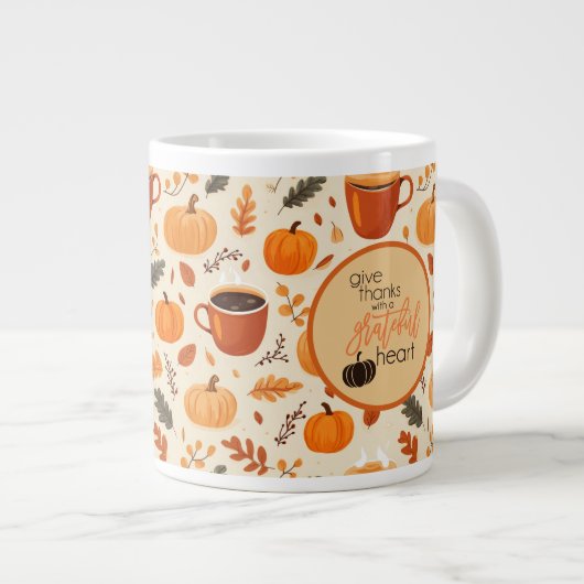 Geef Bedankt met een dankbare hartval bladeren Grote Koffiekop (Voorkant rechts)