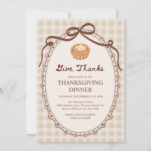 Geef Bedankt Pie Gingham Herfst Thanksgiving Diner Kaart (Voorkant)