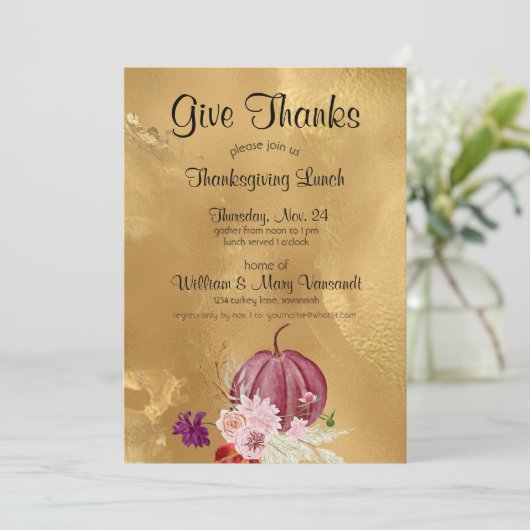 Geef Bedankt Pompoen Bloemen Thanksgiving Lunch Kaart (Staand voorkant)