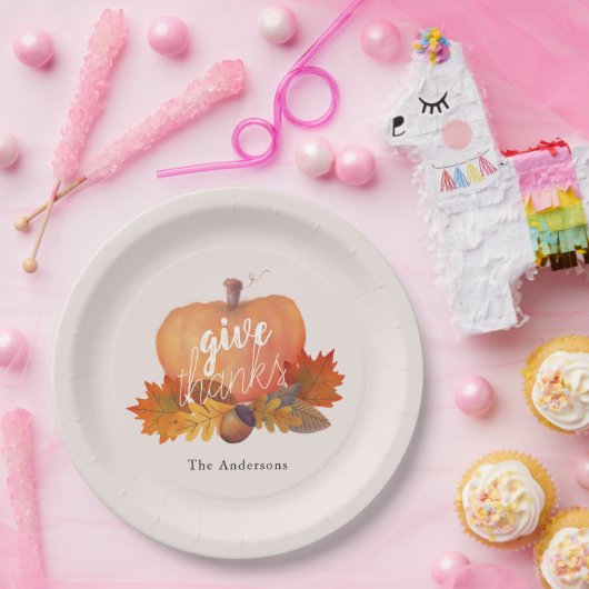 Geef Bedankt Pompoen Herfstbladeren Blush Pink Papieren Bordje (Feest)