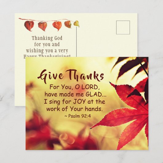 Geef Bedankt, Psalm 92:4 Bijbelvers Briefkaart (Voorkant / Achterkant)