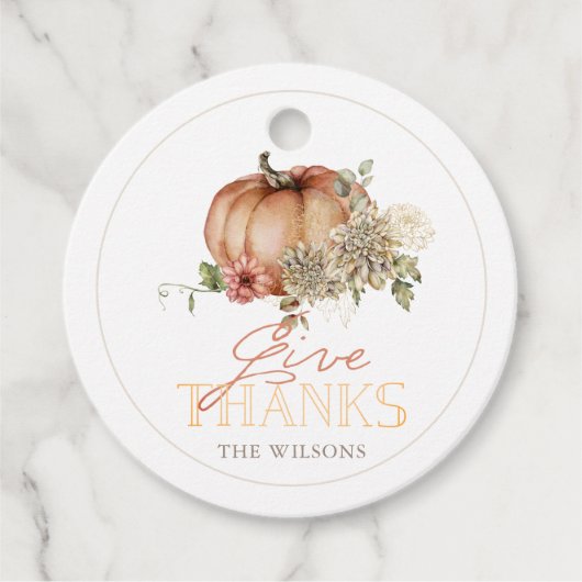 Geef Bedankt Pumpkin & White Dahlia Thanksgiving Bedankjes Labels (Voorkant)